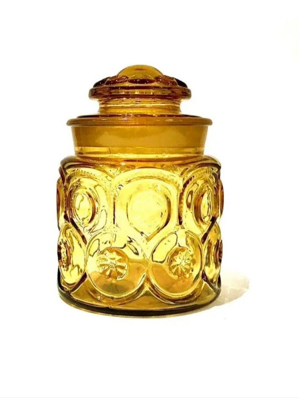 L.E. Smith Moon and Stars 1960s Mid-Century Amber Glass Jar 5"